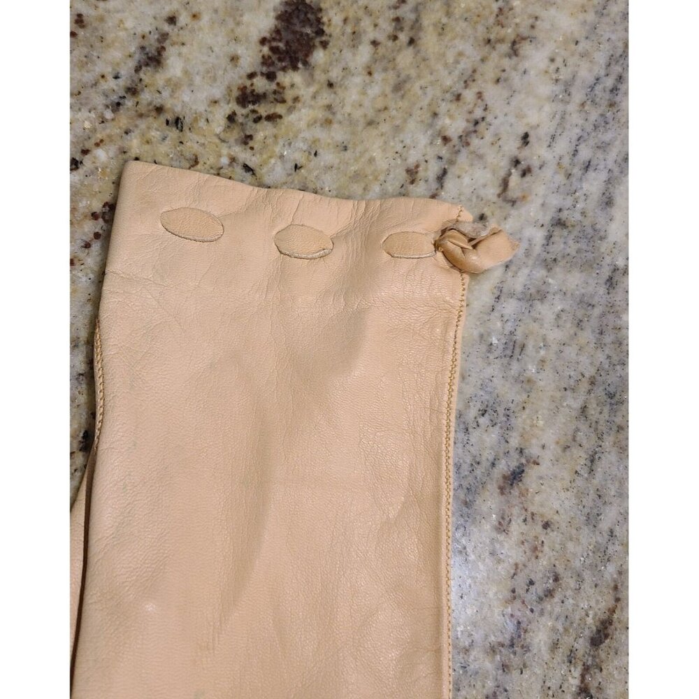 Vintage Size S Pumpkin Beige Soft Leather Formal 9" Gloves Wrist Weave Bow - Picture 5 of 15